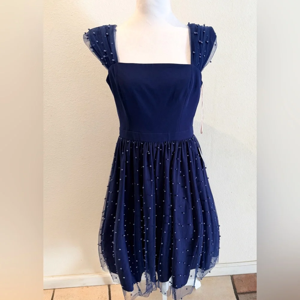 Gal Meets Glam Delores Navy Blue Pearl Beaded Dress Size 6 - Picture 2 of 6